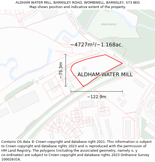 ALDHAM WATER MILL, BARNSLEY ROAD, WOMBWELL, BARNSLEY, S73 8EG: Plot and title map