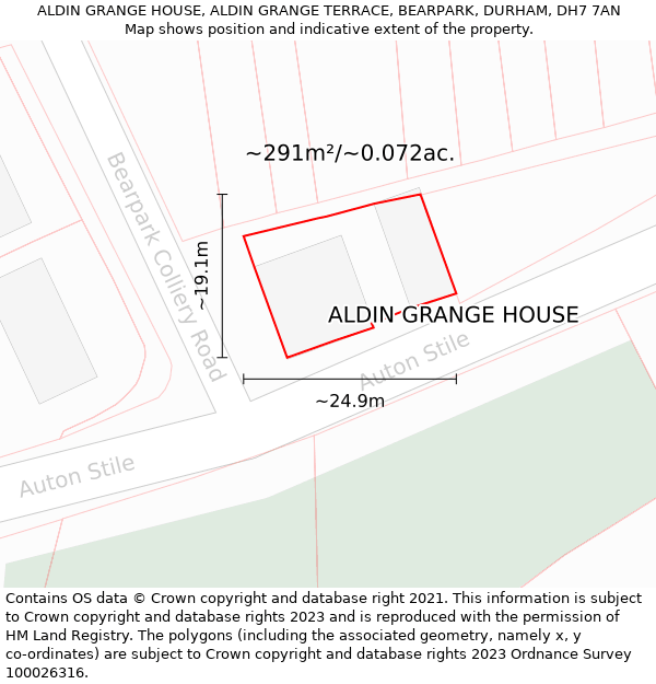 ALDIN GRANGE HOUSE, ALDIN GRANGE TERRACE, BEARPARK, DURHAM, DH7 7AN: Plot and title map