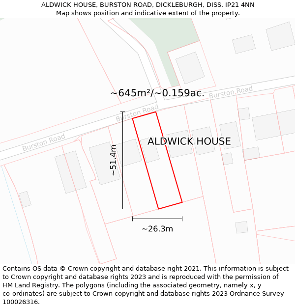 ALDWICK HOUSE, BURSTON ROAD, DICKLEBURGH, DISS, IP21 4NN: Plot and title map