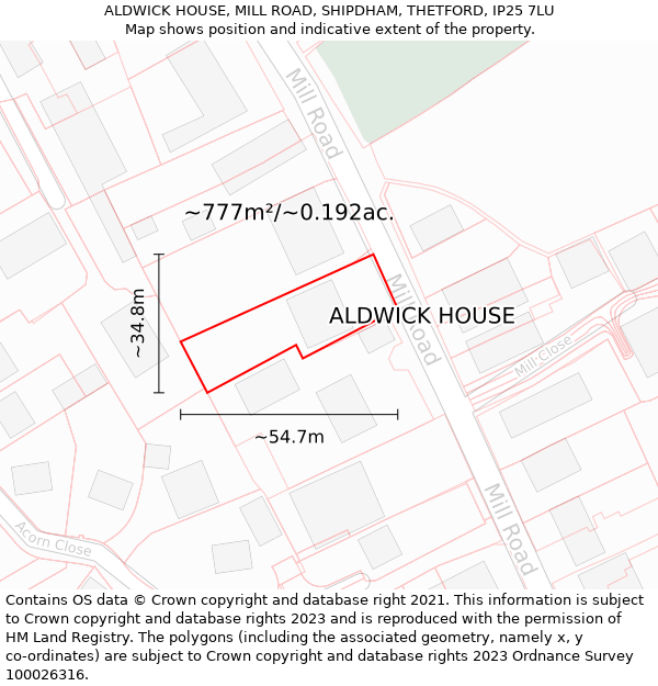 ALDWICK HOUSE, MILL ROAD, SHIPDHAM, THETFORD, IP25 7LU: Plot and title map