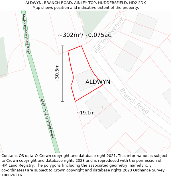 ALDWYN, BRANCH ROAD, AINLEY TOP, HUDDERSFIELD, HD2 2DX: Plot and title map