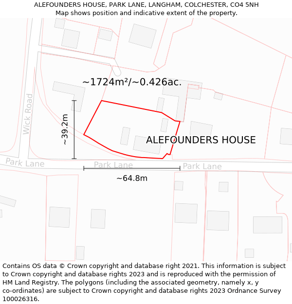 ALEFOUNDERS HOUSE, PARK LANE, LANGHAM, COLCHESTER, CO4 5NH: Plot and title map