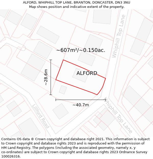 ALFORD, WHIPHILL TOP LANE, BRANTON, DONCASTER, DN3 3NU: Plot and title map