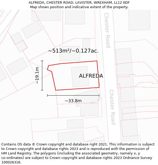 ALFREDA, CHESTER ROAD, LAVISTER, WREXHAM, LL12 0DF: Plot and title map