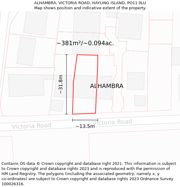 ALHAMBRA, VICTORIA ROAD, HAYLING ISLAND, PO11 0LU: Plot and title map