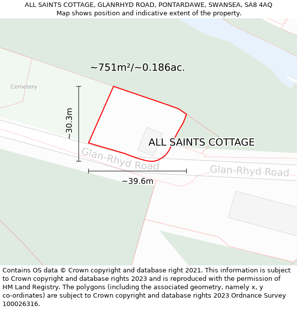 ALL SAINTS COTTAGE, GLANRHYD ROAD, PONTARDAWE, SWANSEA, SA8 4AQ: Plot and title map