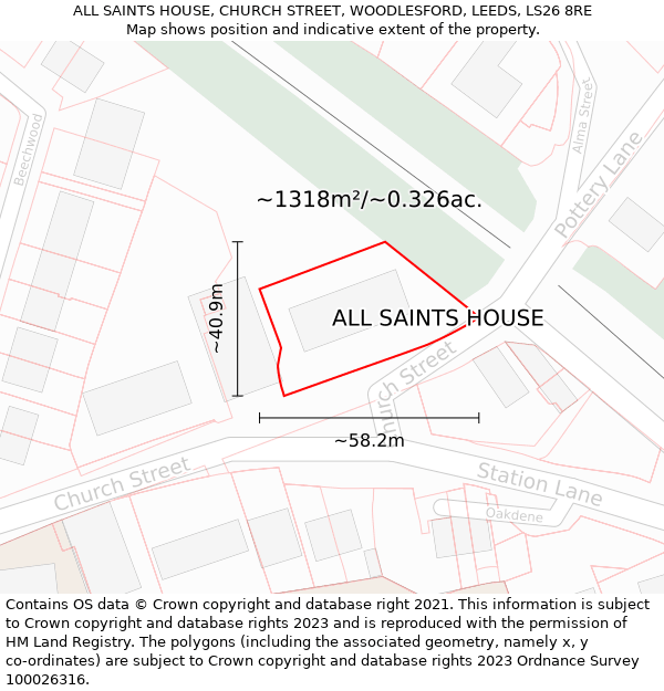 ALL SAINTS HOUSE, CHURCH STREET, WOODLESFORD, LEEDS, LS26 8RE: Plot and title map