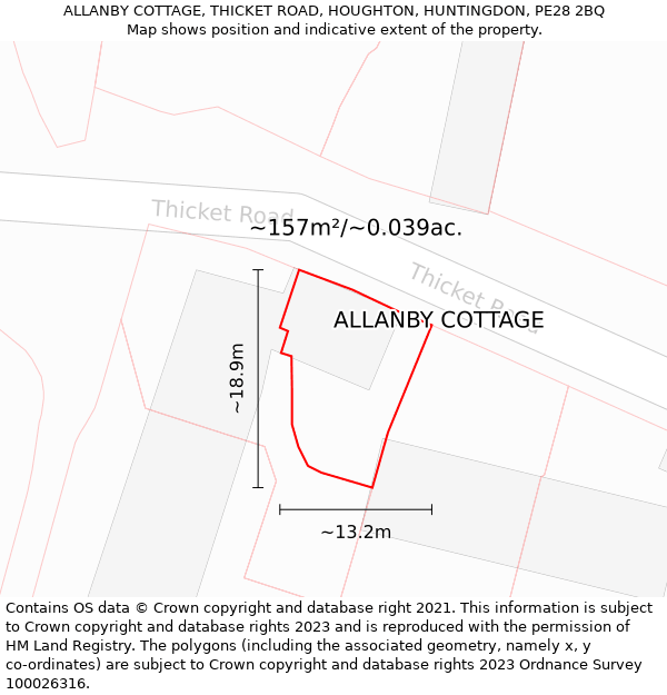 ALLANBY COTTAGE, THICKET ROAD, HOUGHTON, HUNTINGDON, PE28 2BQ: Plot and title map