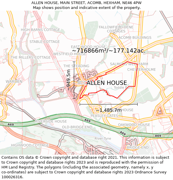 ALLEN HOUSE, MAIN STREET, ACOMB, HEXHAM, NE46 4PW: Plot and title map