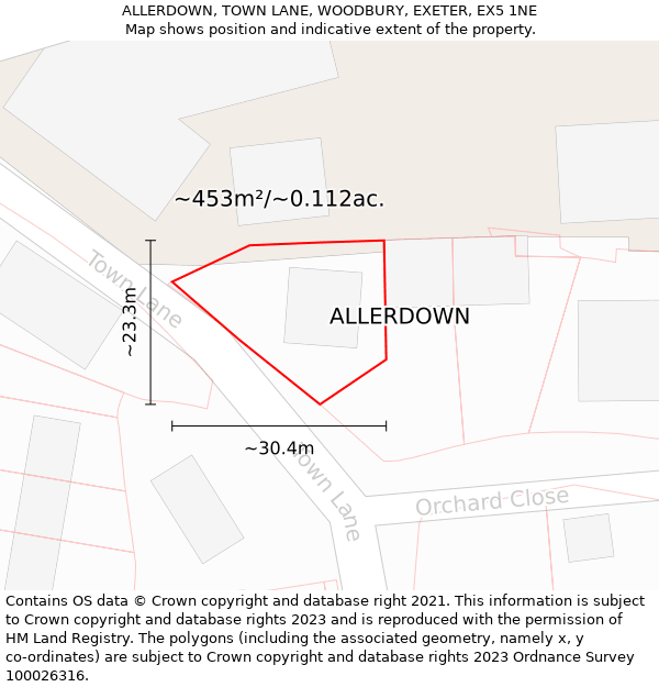 ALLERDOWN, TOWN LANE, WOODBURY, EXETER, EX5 1NE: Plot and title map