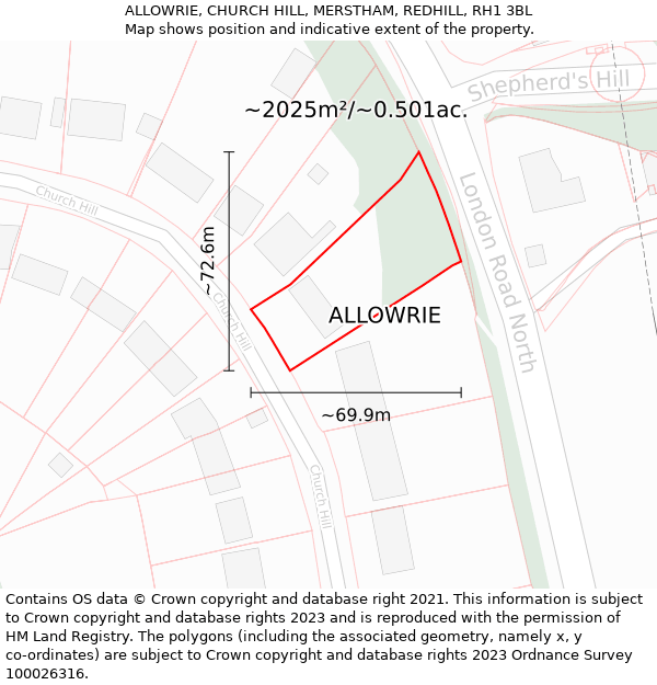 ALLOWRIE, CHURCH HILL, MERSTHAM, REDHILL, RH1 3BL: Plot and title map