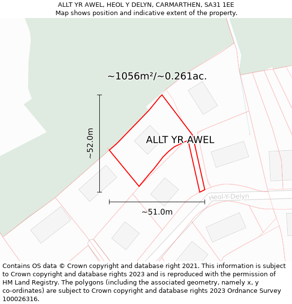 ALLT YR AWEL, HEOL Y DELYN, CARMARTHEN, SA31 1EE: Plot and title map