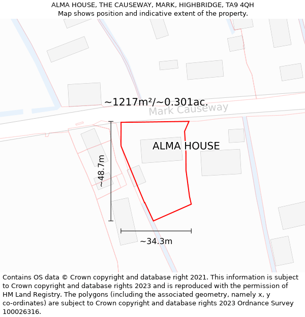 ALMA HOUSE, THE CAUSEWAY, MARK, HIGHBRIDGE, TA9 4QH: Plot and title map