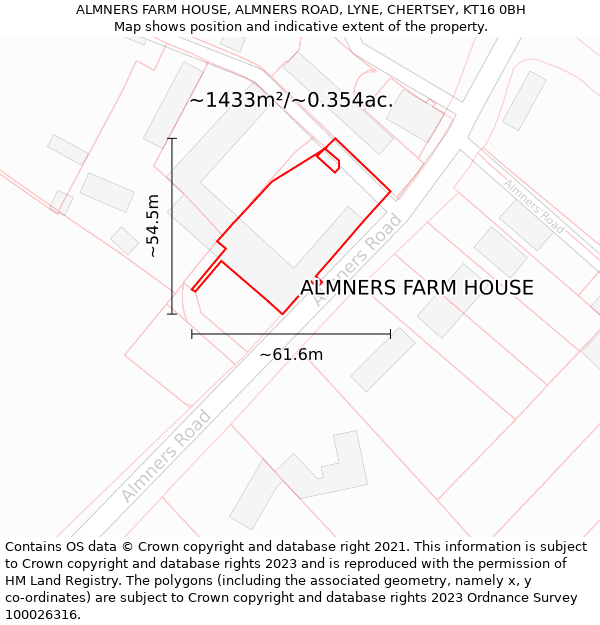 ALMNERS FARM HOUSE, ALMNERS ROAD, LYNE, CHERTSEY, KT16 0BH: Plot and title map