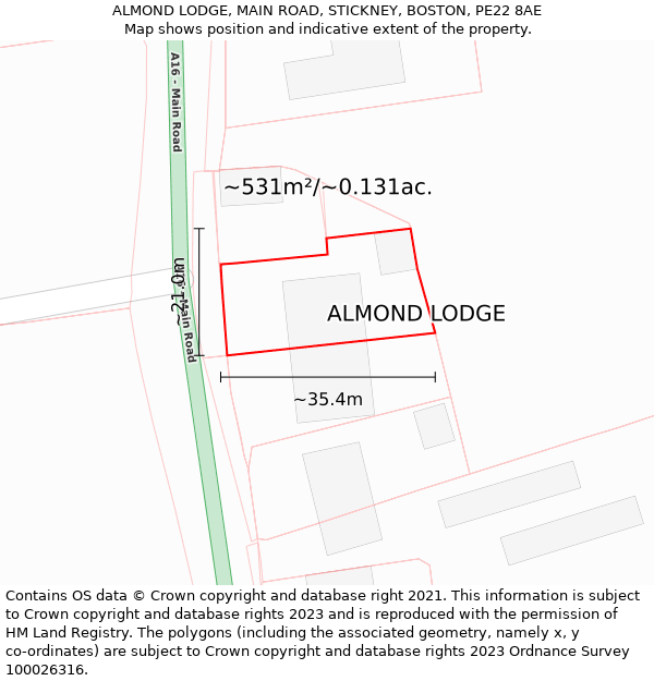 ALMOND LODGE, MAIN ROAD, STICKNEY, BOSTON, PE22 8AE: Plot and title map