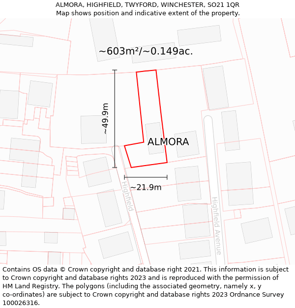 ALMORA, HIGHFIELD, TWYFORD, WINCHESTER, SO21 1QR: Plot and title map