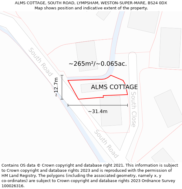 ALMS COTTAGE, SOUTH ROAD, LYMPSHAM, WESTON-SUPER-MARE, BS24 0DX: Plot and title map