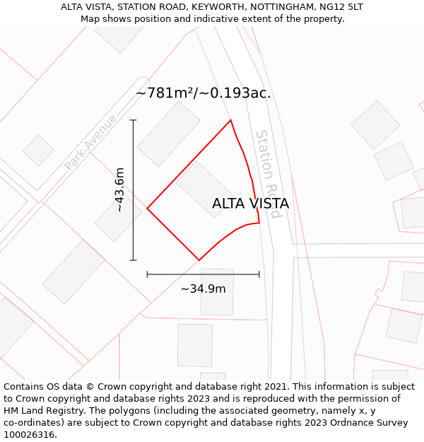 ALTA VISTA, STATION ROAD, KEYWORTH, NOTTINGHAM, NG12 5LT: Plot and title map