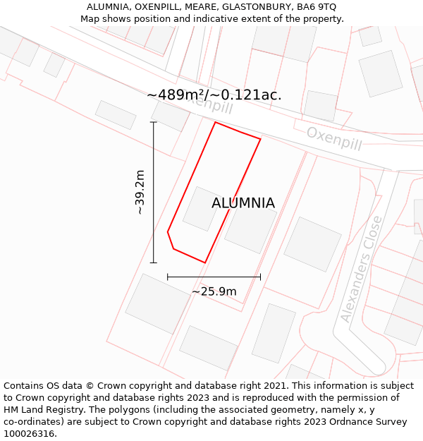 ALUMNIA, OXENPILL, MEARE, GLASTONBURY, BA6 9TQ: Plot and title map