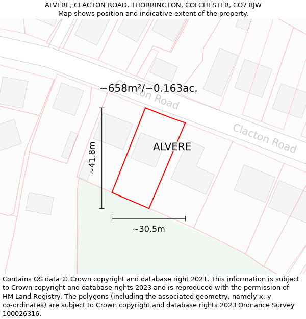 ALVERE, CLACTON ROAD, THORRINGTON, COLCHESTER, CO7 8JW: Plot and title map