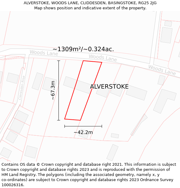 ALVERSTOKE, WOODS LANE, CLIDDESDEN, BASINGSTOKE, RG25 2JG: Plot and title map