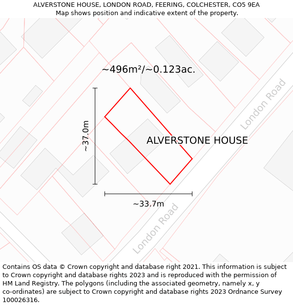ALVERSTONE HOUSE, LONDON ROAD, FEERING, COLCHESTER, CO5 9EA: Plot and title map