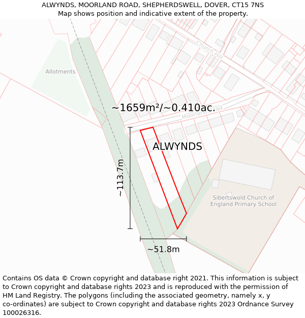 ALWYNDS, MOORLAND ROAD, SHEPHERDSWELL, DOVER, CT15 7NS: Plot and title map