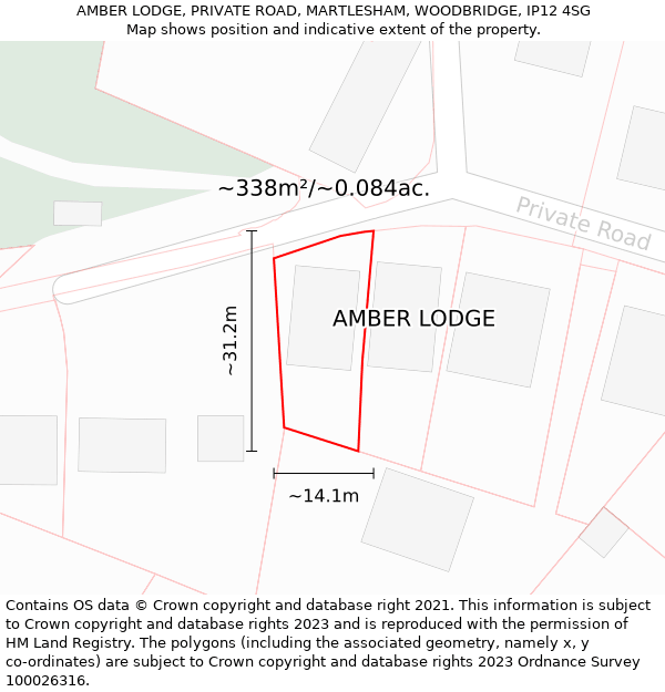 AMBER LODGE, PRIVATE ROAD, MARTLESHAM, WOODBRIDGE, IP12 4SG: Plot and title map