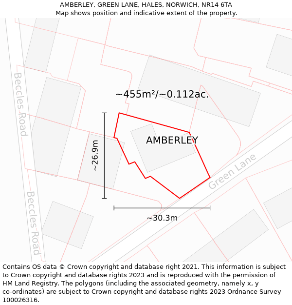 AMBERLEY, GREEN LANE, HALES, NORWICH, NR14 6TA: Plot and title map