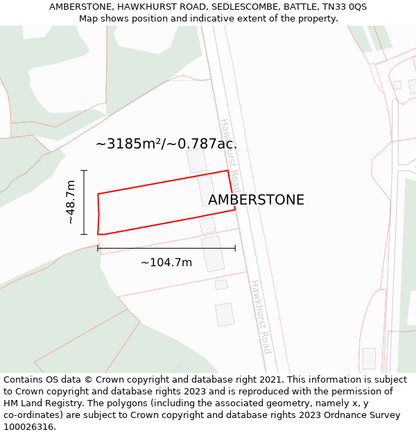 AMBERSTONE, HAWKHURST ROAD, SEDLESCOMBE, BATTLE, TN33 0QS: Plot and title map