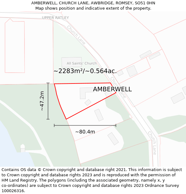AMBERWELL, CHURCH LANE, AWBRIDGE, ROMSEY, SO51 0HN: Plot and title map