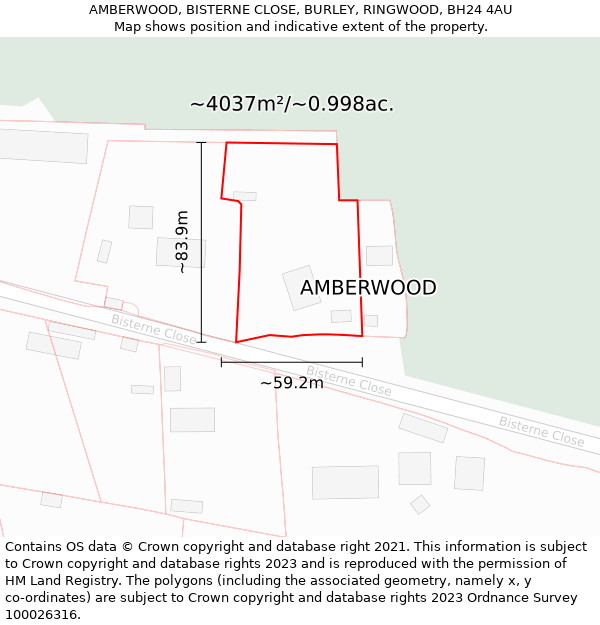 AMBERWOOD, BISTERNE CLOSE, BURLEY, RINGWOOD, BH24 4AU: Plot and title map