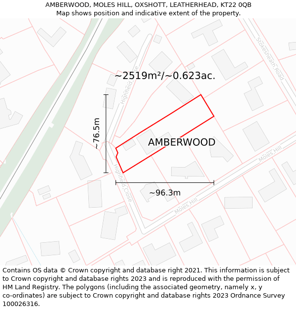 AMBERWOOD, MOLES HILL, OXSHOTT, LEATHERHEAD, KT22 0QB: Plot and title map