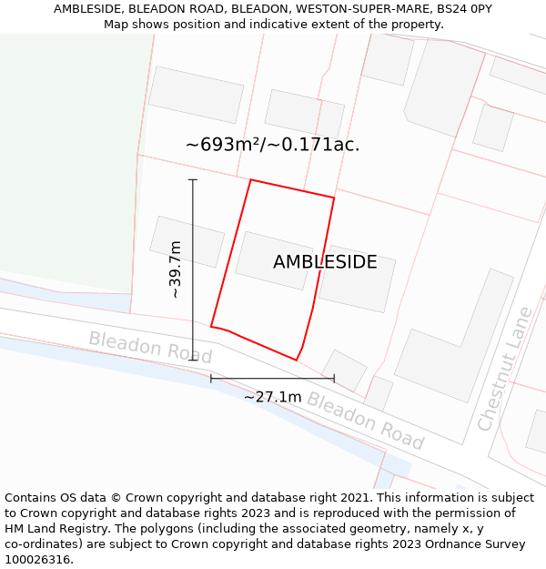 AMBLESIDE, BLEADON ROAD, BLEADON, WESTON-SUPER-MARE, BS24 0PY: Plot and title map