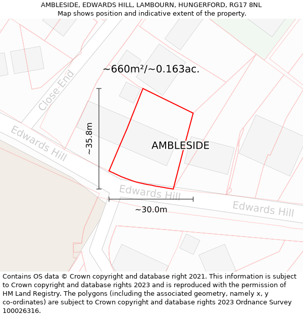 AMBLESIDE, EDWARDS HILL, LAMBOURN, HUNGERFORD, RG17 8NL: Plot and title map
