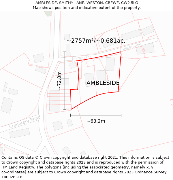 AMBLESIDE, SMITHY LANE, WESTON, CREWE, CW2 5LG: Plot and title map