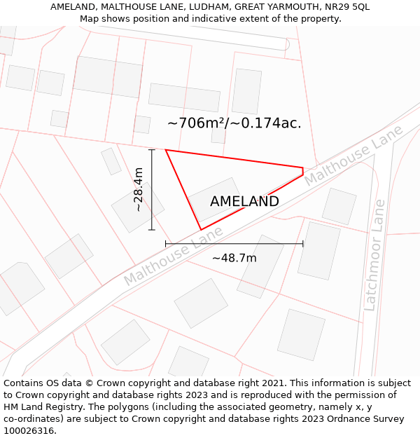 AMELAND, MALTHOUSE LANE, LUDHAM, GREAT YARMOUTH, NR29 5QL: Plot and title map