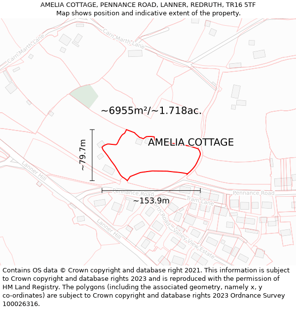 AMELIA COTTAGE, PENNANCE ROAD, LANNER, REDRUTH, TR16 5TF: Plot and title map