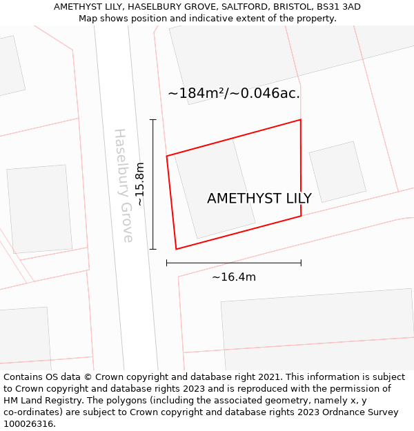 AMETHYST LILY, HASELBURY GROVE, SALTFORD, BRISTOL, BS31 3AD: Plot and title map