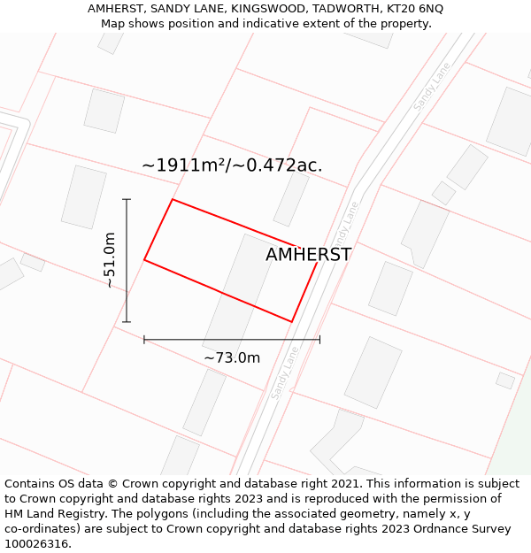 AMHERST, SANDY LANE, KINGSWOOD, TADWORTH, KT20 6NQ: Plot and title map