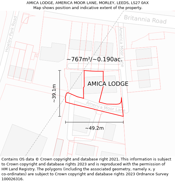 AMICA LODGE, AMERICA MOOR LANE, MORLEY, LEEDS, LS27 0AX: Plot and title map