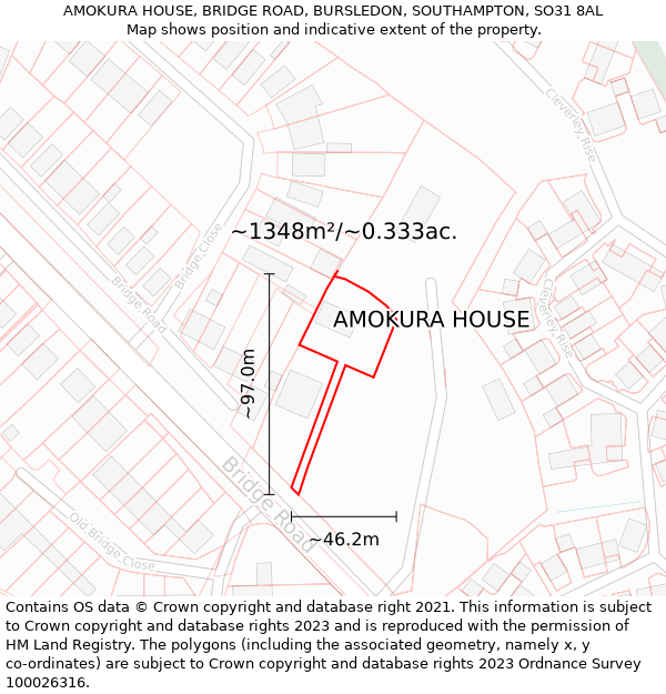 AMOKURA HOUSE, BRIDGE ROAD, BURSLEDON, SOUTHAMPTON, SO31 8AL: Plot and title map