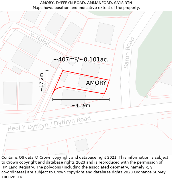 AMORY, DYFFRYN ROAD, AMMANFORD, SA18 3TN: Plot and title map