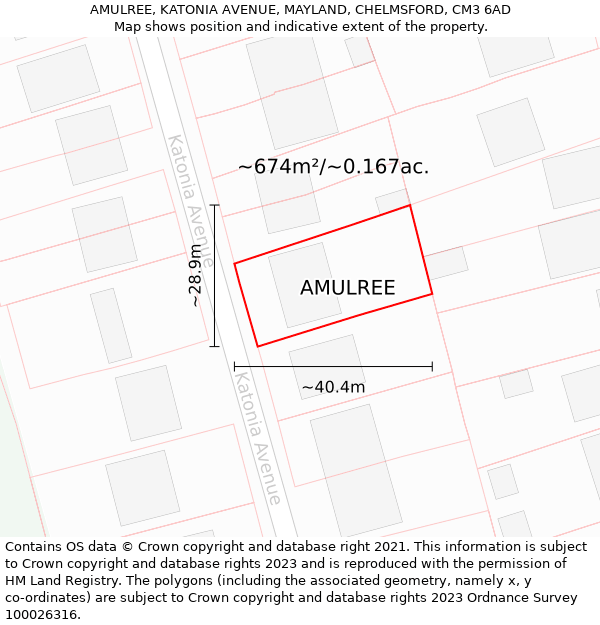 AMULREE, KATONIA AVENUE, MAYLAND, CHELMSFORD, CM3 6AD: Plot and title map