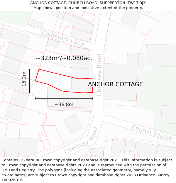 ANCHOR COTTAGE, CHURCH ROAD, SHEPPERTON, TW17 9JX: Plot and title map