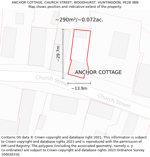 ANCHOR COTTAGE, CHURCH STREET, WOODHURST, HUNTINGDON, PE28 3BN: Plot and title map