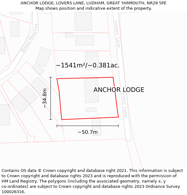 ANCHOR LODGE, LOVERS LANE, LUDHAM, GREAT YARMOUTH, NR29 5PE: Plot and title map
