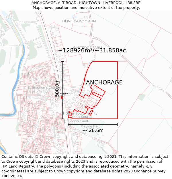 ANCHORAGE, ALT ROAD, HIGHTOWN, LIVERPOOL, L38 3RE: Plot and title map