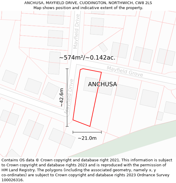 ANCHUSA, MAYFIELD DRIVE, CUDDINGTON, NORTHWICH, CW8 2LS: Plot and title map