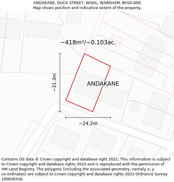ANDAKANE, DUCK STREET, WOOL, WAREHAM, BH20 6DE: Plot and title map